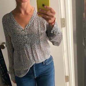 Veronica Beard silk crepe de chine print “Henley” blouse with pin tucking detail